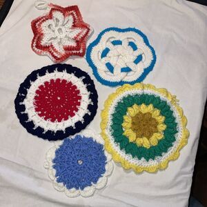 Vintage Lot of 5 Handmade Tivets Crocheted Various Colors and Designs Farmhouse